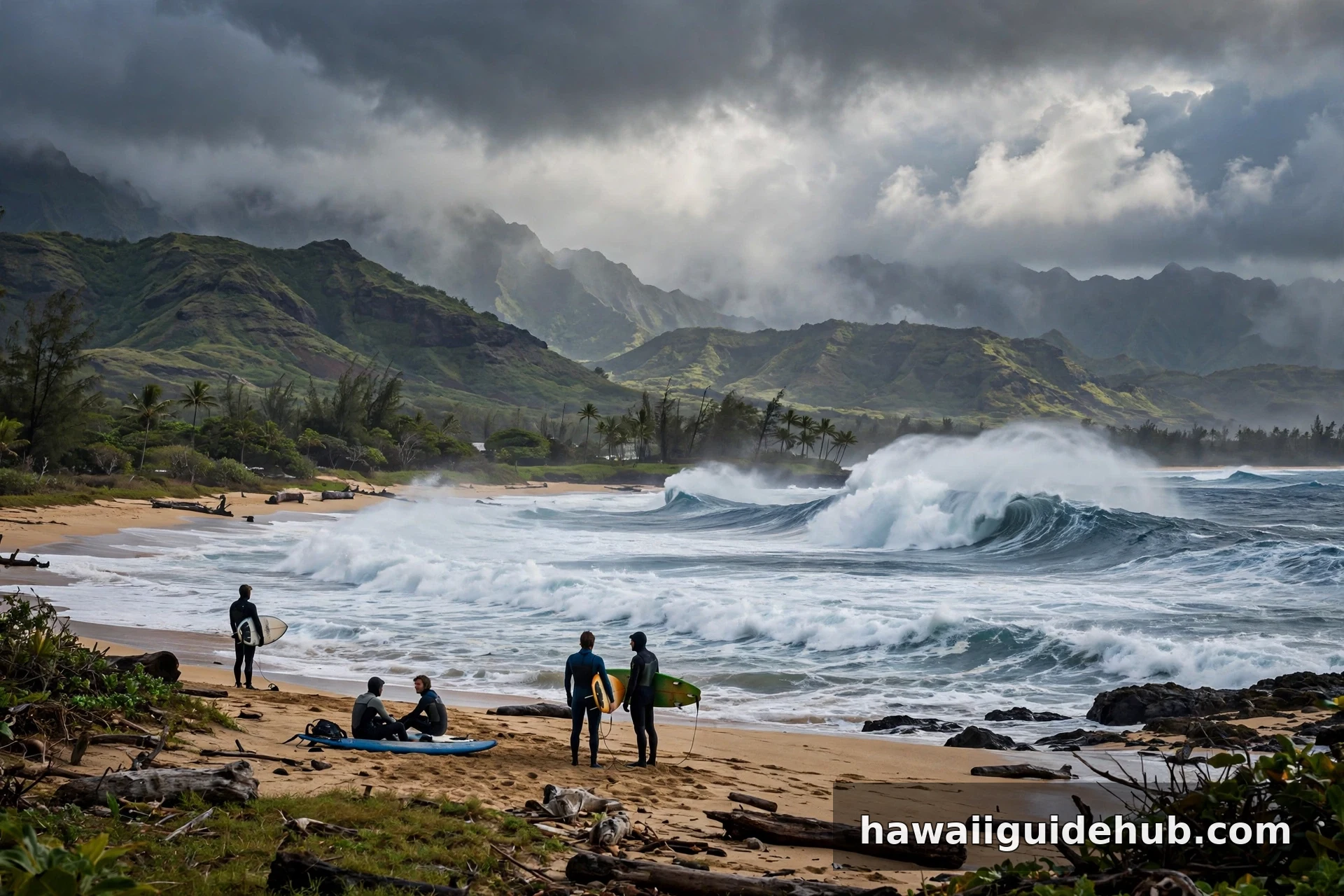 Winter surf breaking on Oahu’s North Shore in January as surfers in wetsuits watch from the beach