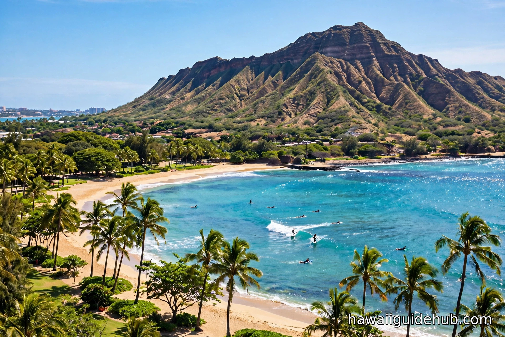 Diamond Head crater rising above a sunny Oahu beach with palm trees and surfers in turquoise water