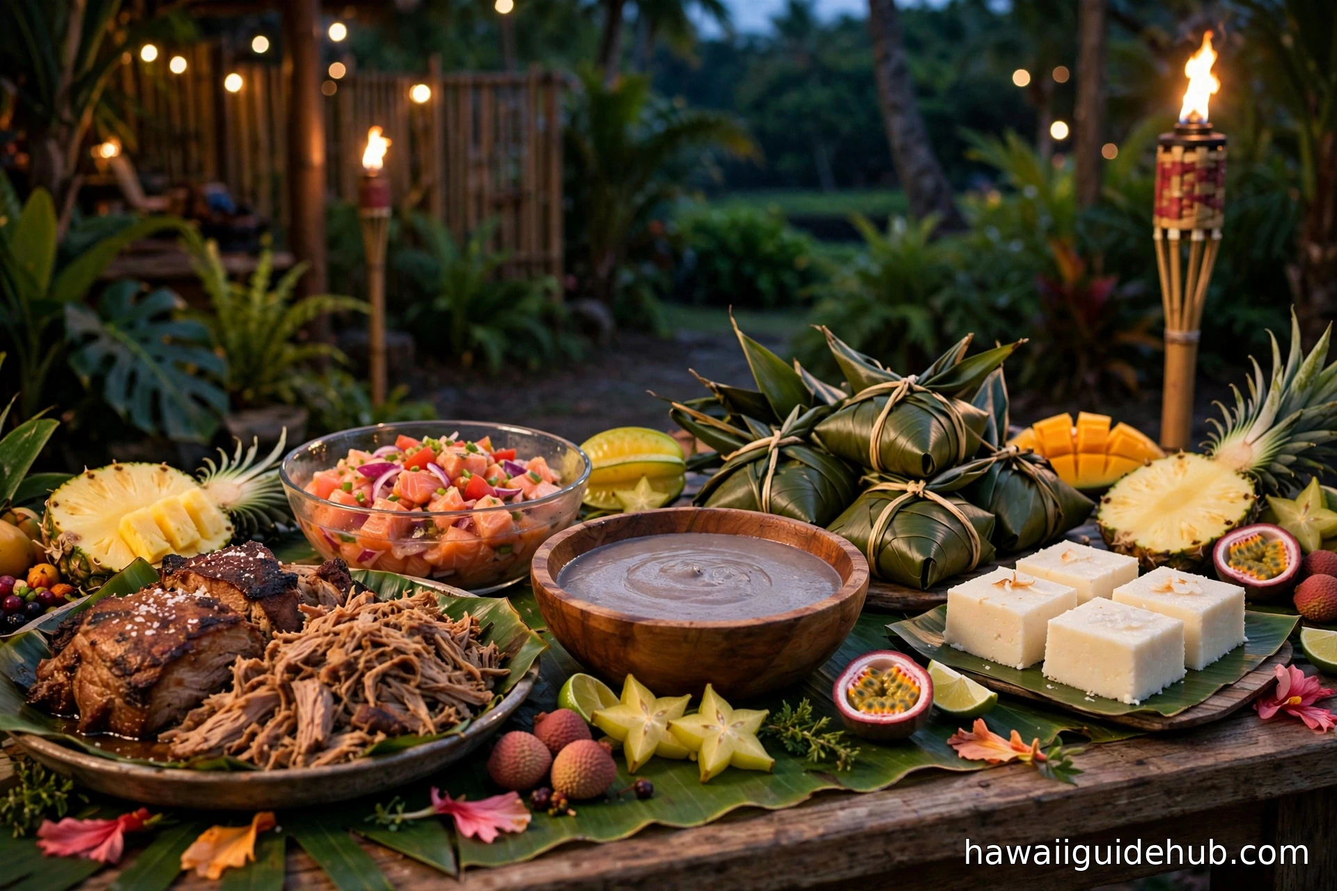 A Hawaiian luau buffet table with kalua pig, poi in a wooden bowl, laulau wrapped in ti leaves, lomi lomi salmon, haupia dessert, and tropical fruit
