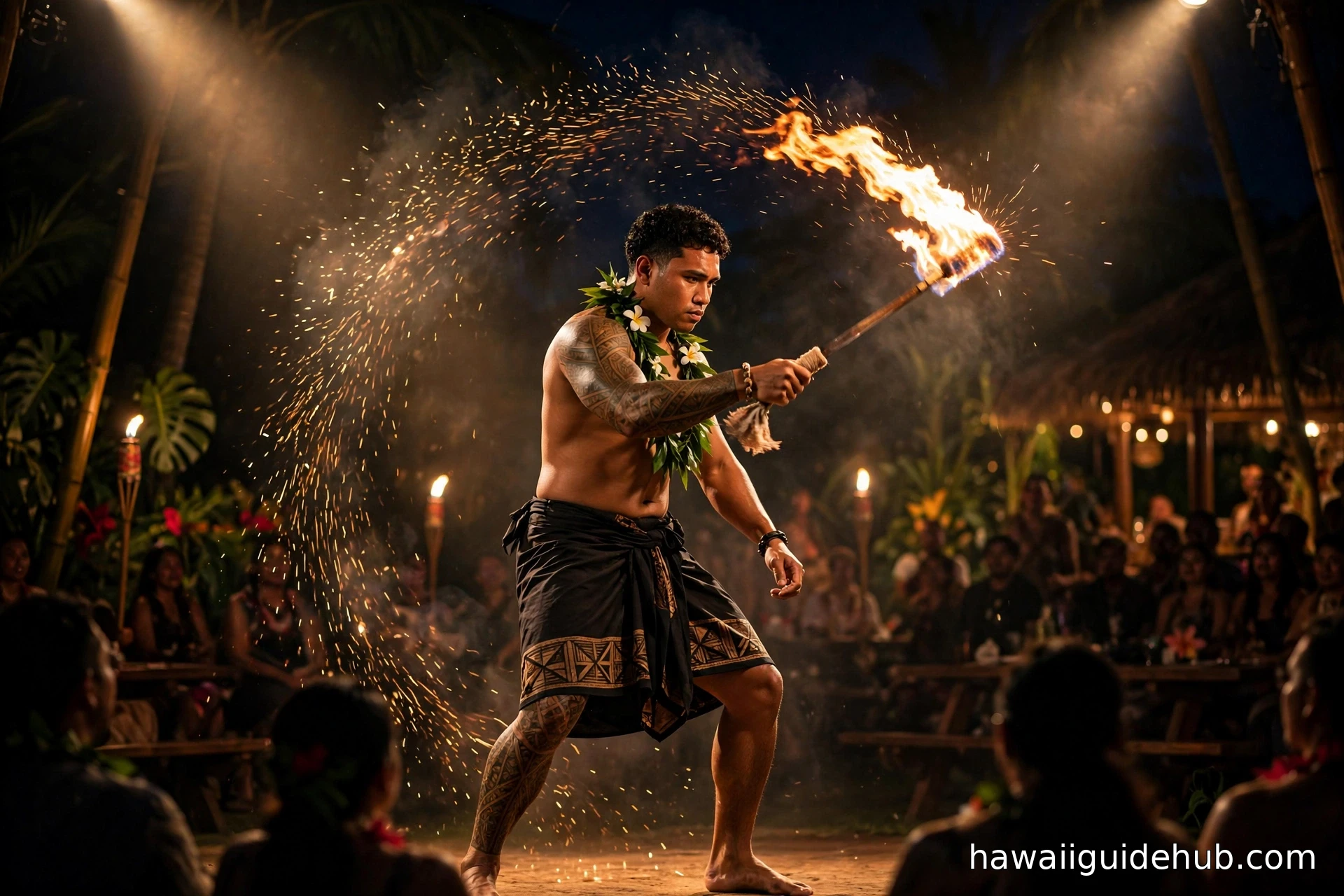 A Samoan fire knife dancer spinning a flaming fire knife at night during an Oahu luau performance