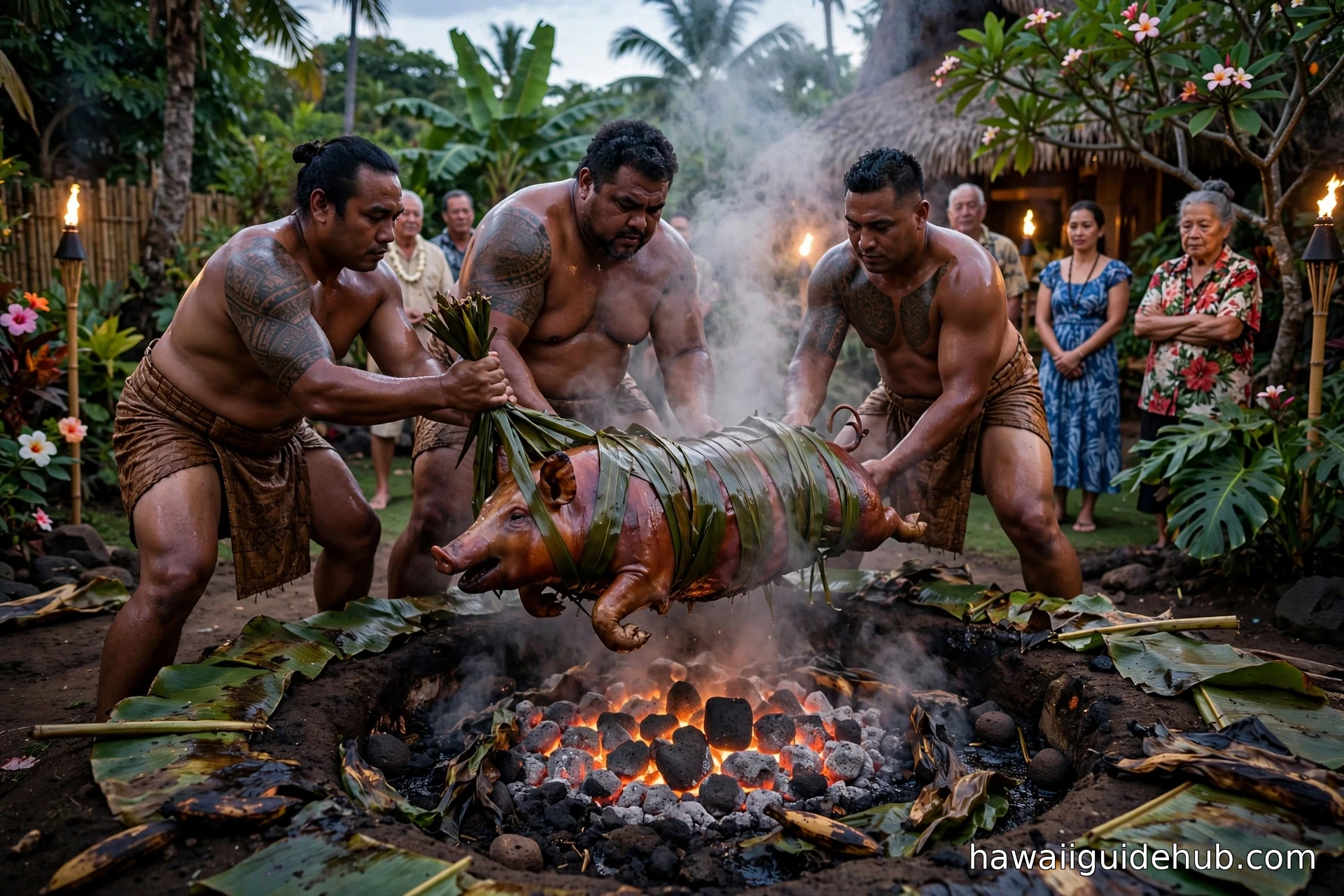 Hawaiian men lifting a whole roasted kalua pig wrapped in ti leaves from a steaming underground imu oven at an Oahu luau