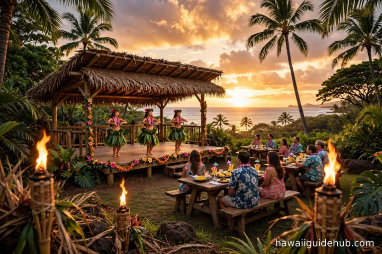 Hula dancers performing on stage at an Oahu luau at sunset with tiki torches lit and the ocean behind them