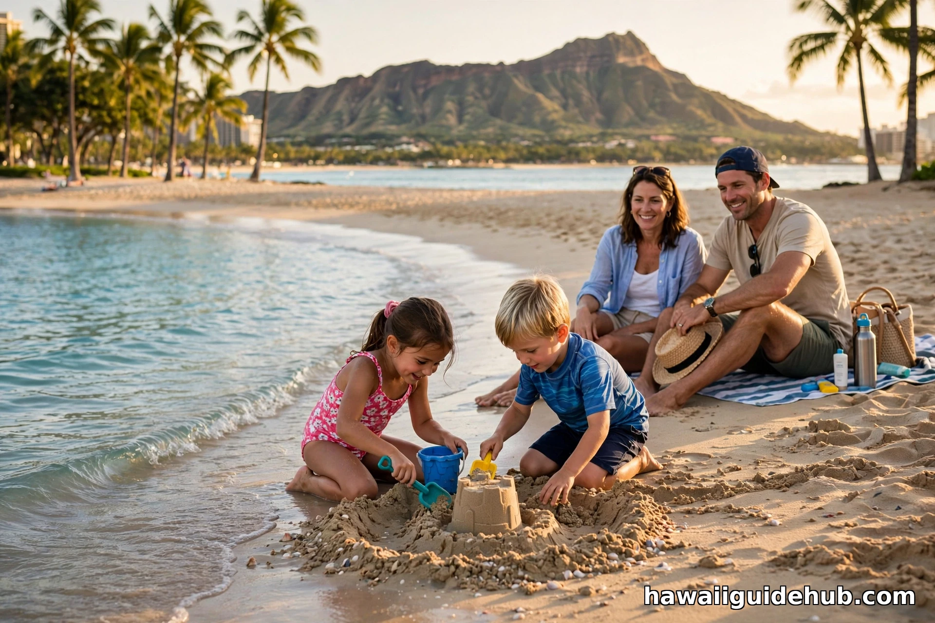 Family with young children building a sandcastle on Waikiki Beach with Diamond Head in the background, Oahu Hawaii