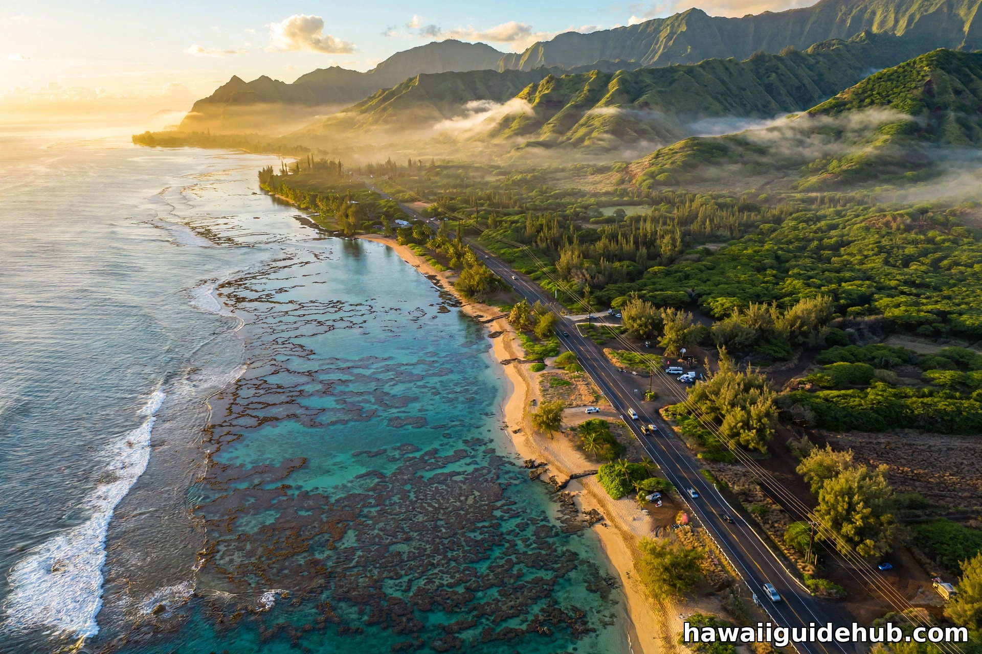Aerial view of Olowalu Beach on Maui at Mile Marker 14, with the coral reef visible through turquoise water and the West Maui Mountains in the background