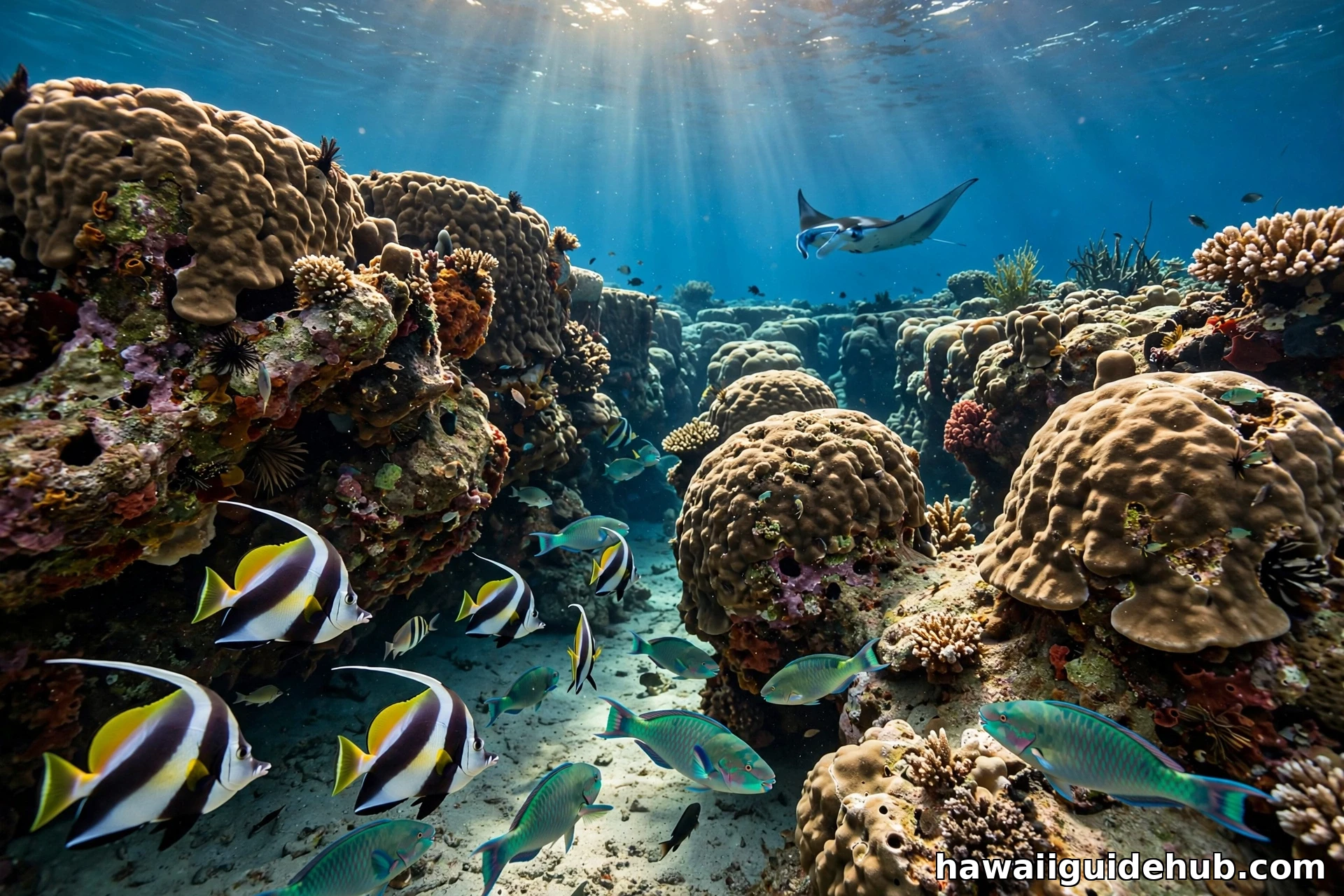 Underwater view of Olowalu Reef on Maui: ancient coral heads, schools of Moorish idols and parrotfish, and a manta ray gliding in the blue water