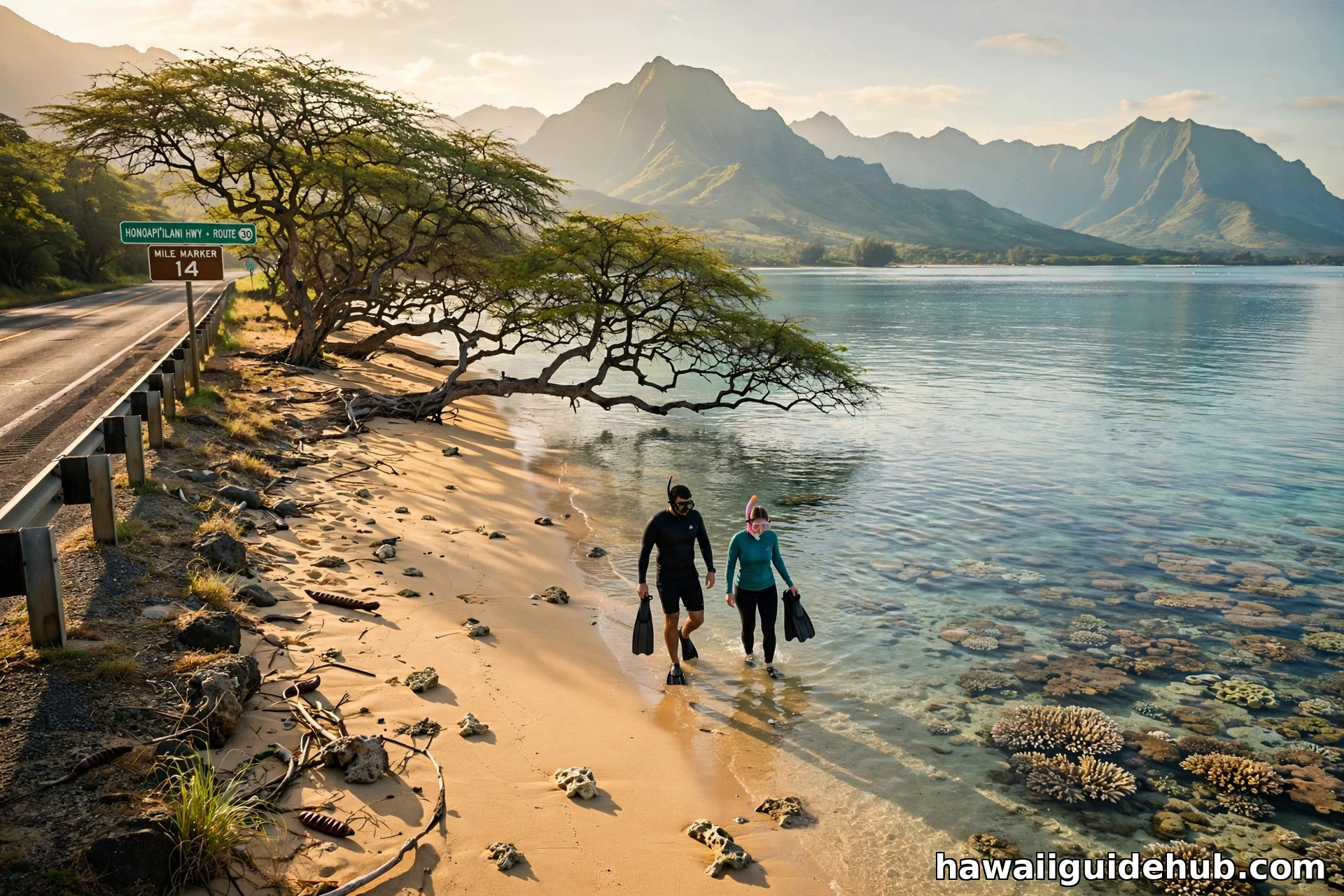 Snorkelers entering the shallow coral-filled water at the roadside beach near the Mile Marker 14 sign on Honoapiilani Highway, Olowalu, Maui