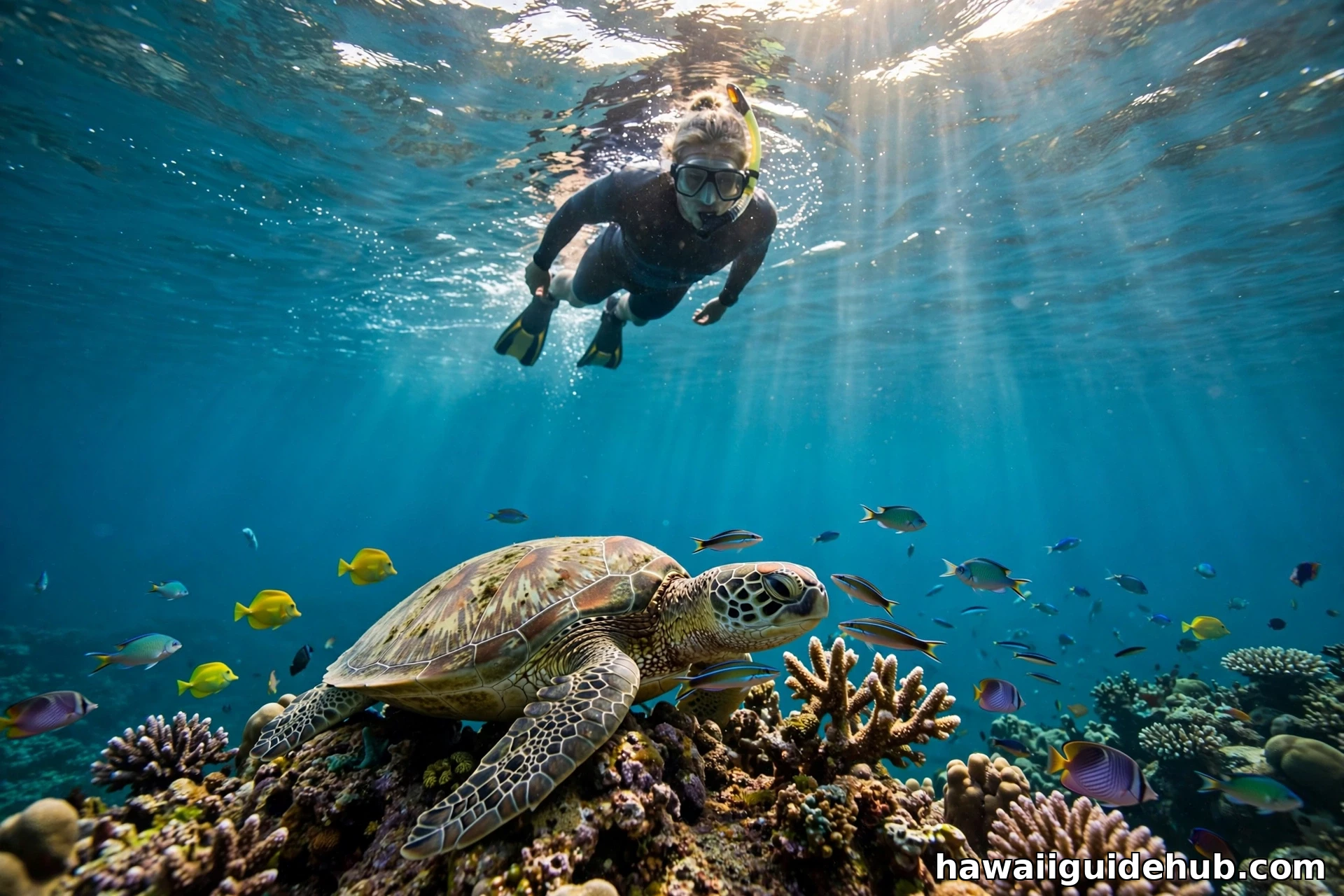 Snorkeler swimming above a Hawaiian green sea turtle resting on a coral head at Olowalu Reef, with cleaner fish and tropical fish around