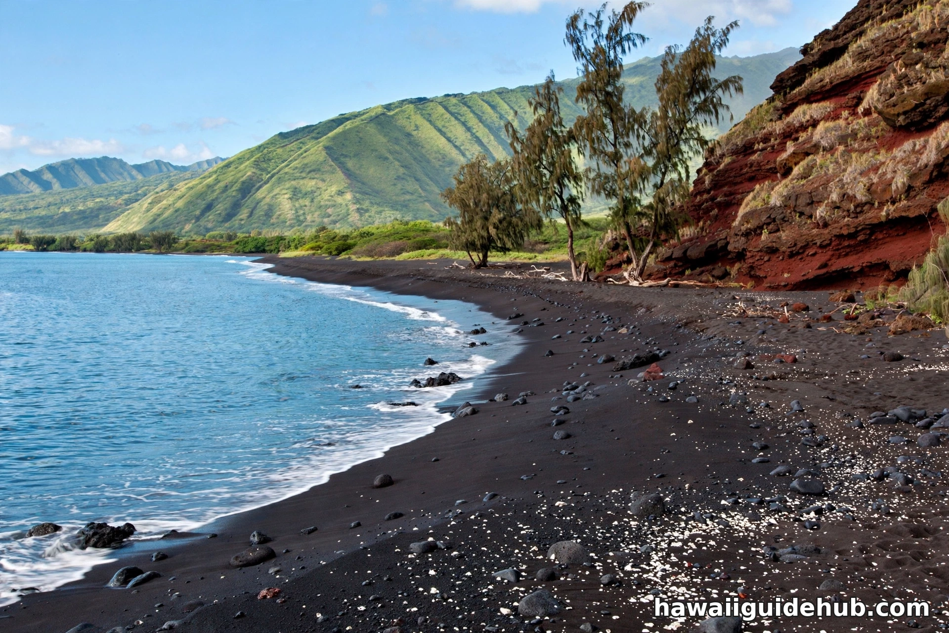 Black sand shoreline with volcanic cliffs on the Maui coast