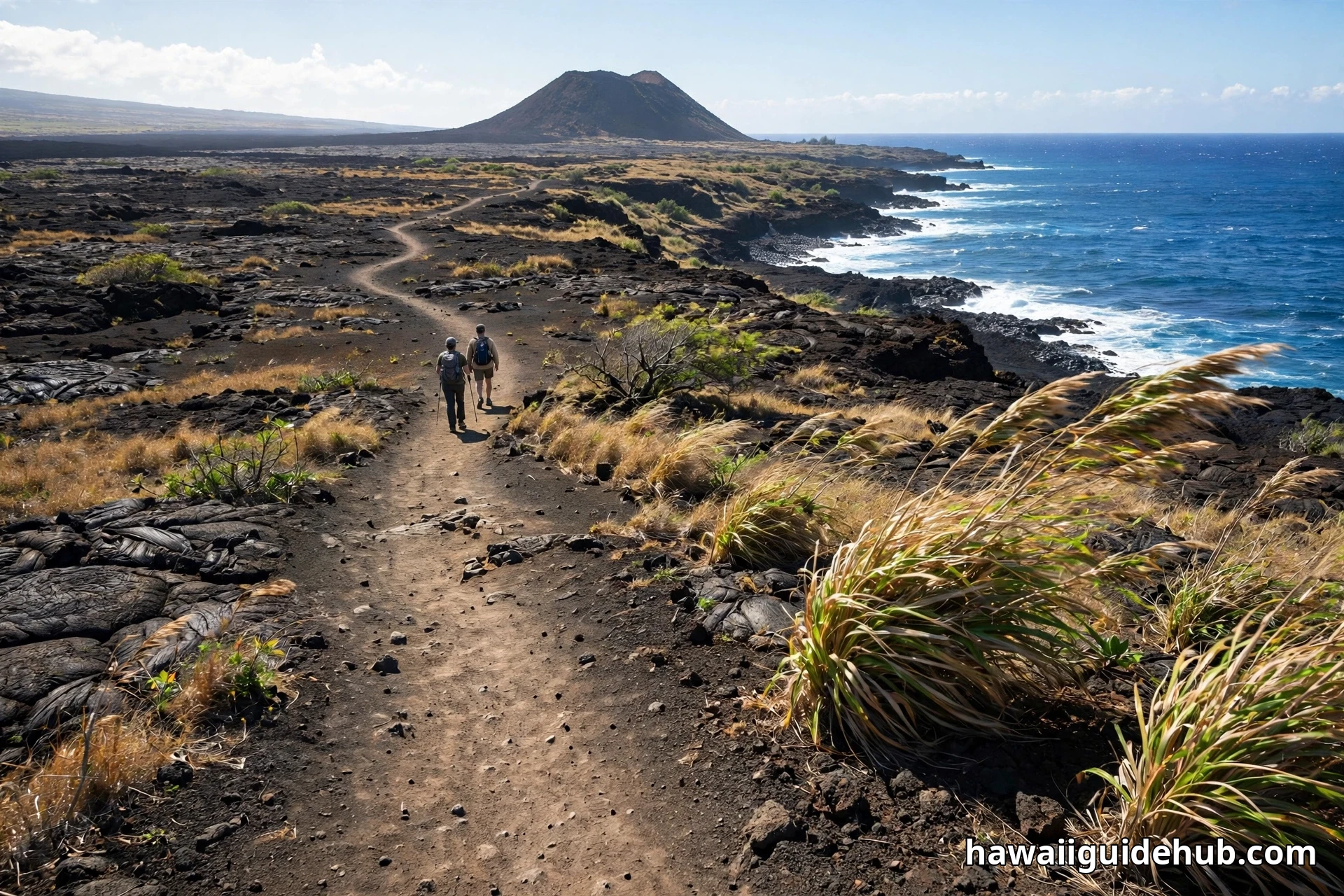 Two hikers walking the dusty coastal trail toward the Puu Mahana cinder cone above the ocean on the way to Papakolea Green Sand Beach