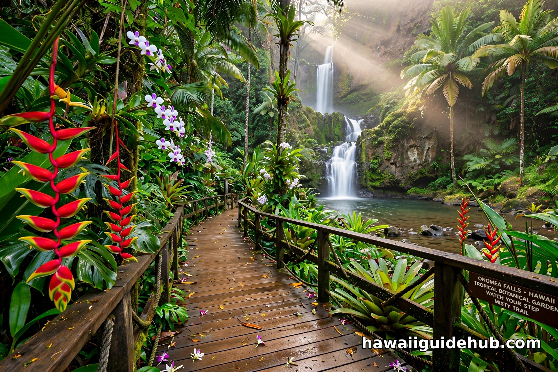 Boardwalk trail through the Hawaii Tropical Botanical Garden with Onomea Falls in the background