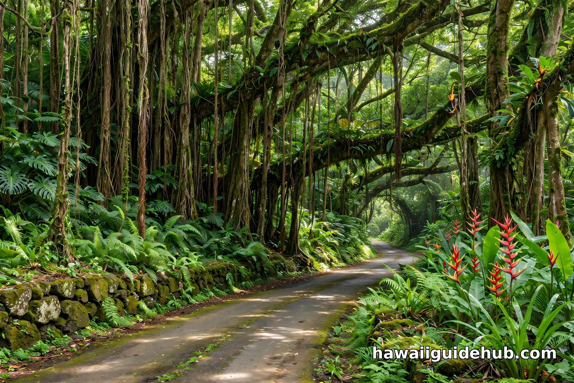 Narrow road curving through a banyan tree canopy on the Pepeekeo Scenic Drive in Hawaii