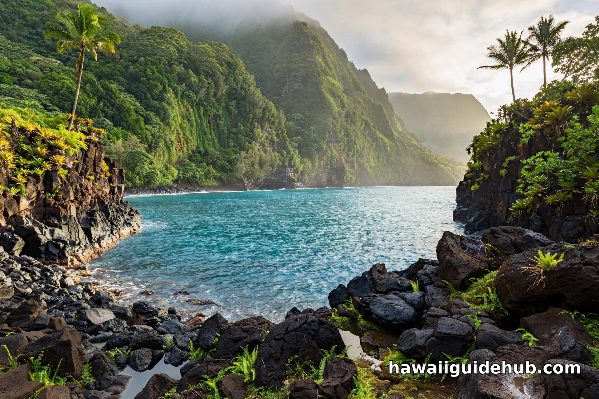 Onomea Bay on the Big Island with turquoise water, lava rock shoreline, and rainforest cliffs