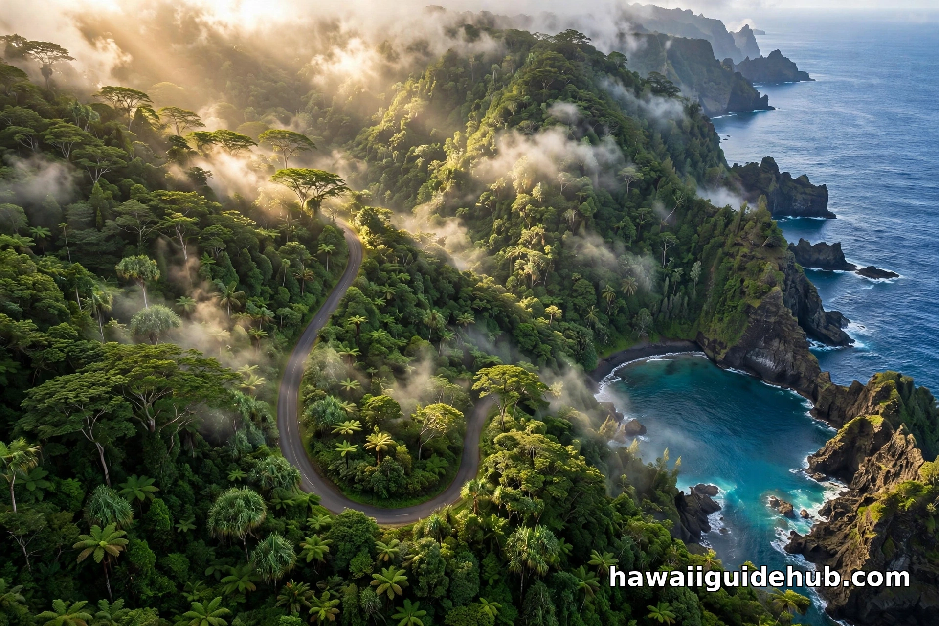Aerial view of the winding Pepeekeo Scenic Drive through lush rainforest toward the ocean on the Big Island of Hawaii