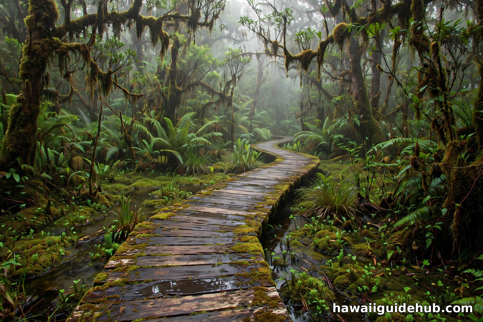 Weathered wooden boardwalk winding through the misty Alakaʻi Swamp on Kauaʻi