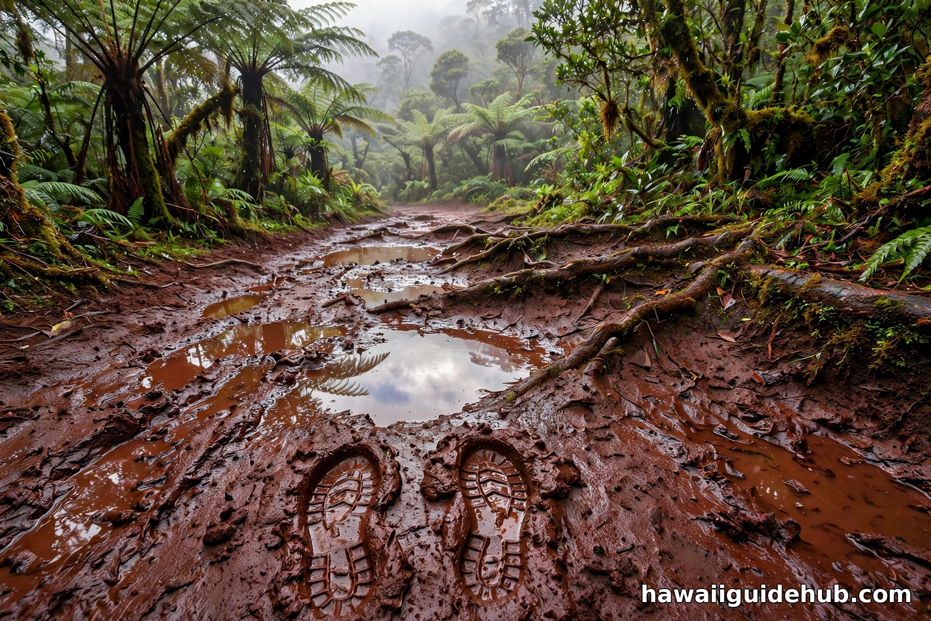 Muddy red trail with boot prints and puddles on the Pihea Trail in Kokee State Park