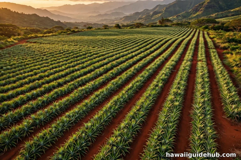 Aerial view of pineapple plantation fields at golden hour in Hawaii with red volcanic soil rows