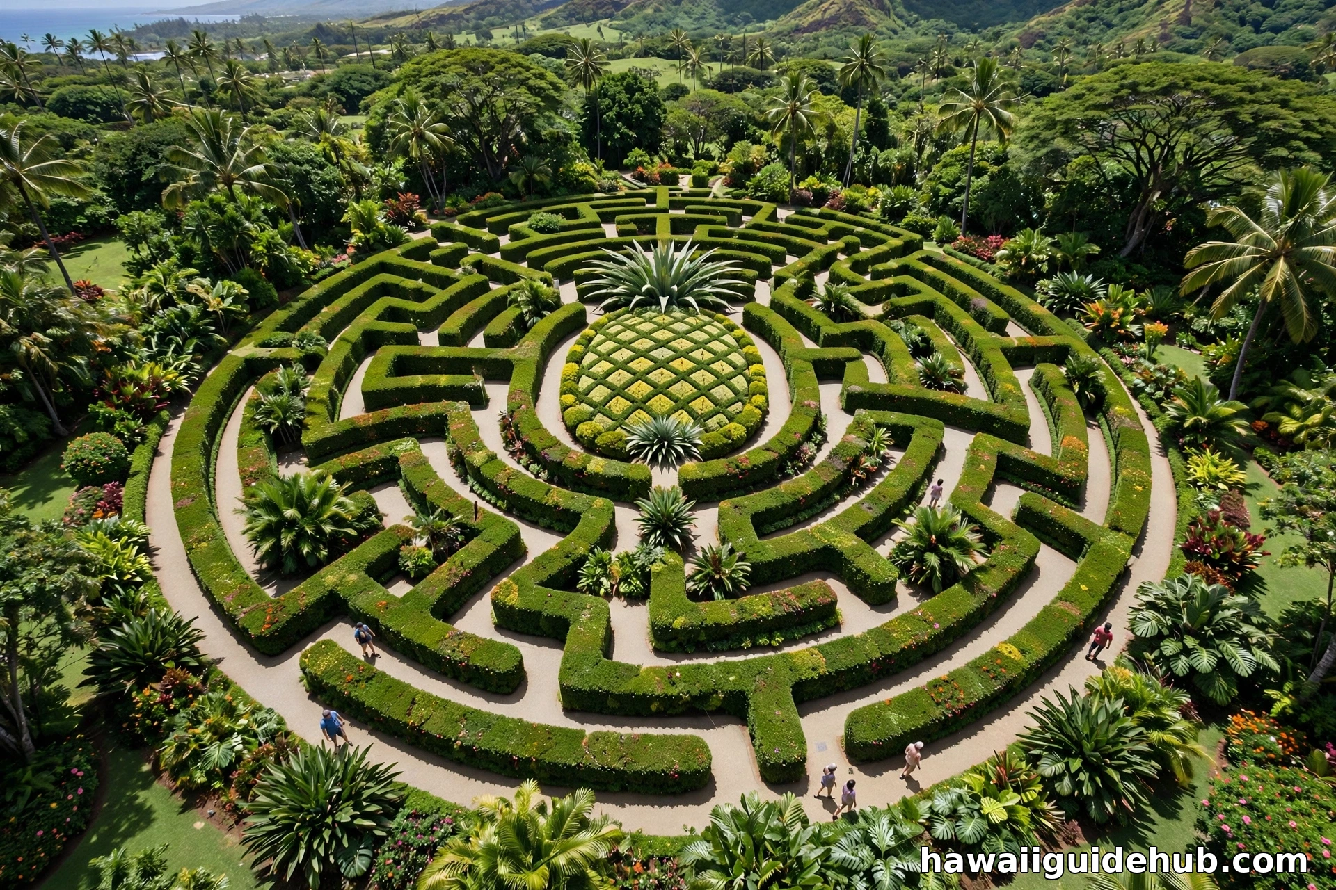 Aerial view of the Pineapple Garden Maze with a pineapple-shaped garden at its center