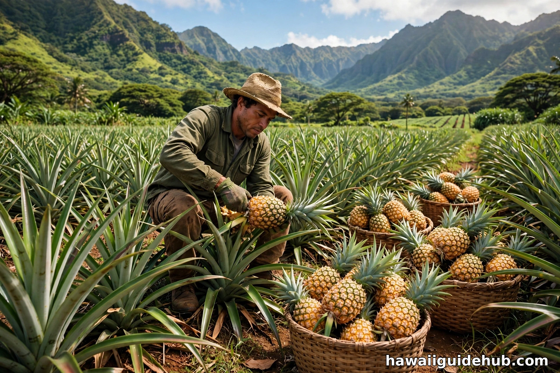 Farm worker hand harvesting ripe pineapples into woven baskets in a Hawaii pineapple field