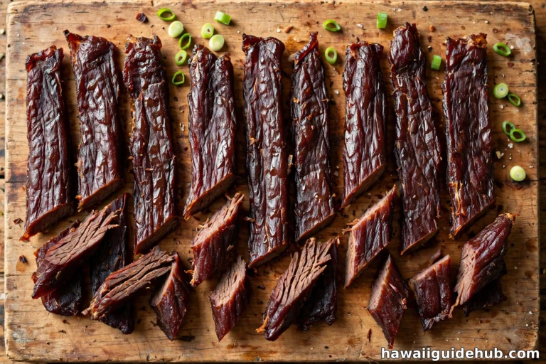 Strips of homemade pipikaula, Hawaiian beef jerky, arranged on a wooden cutting board