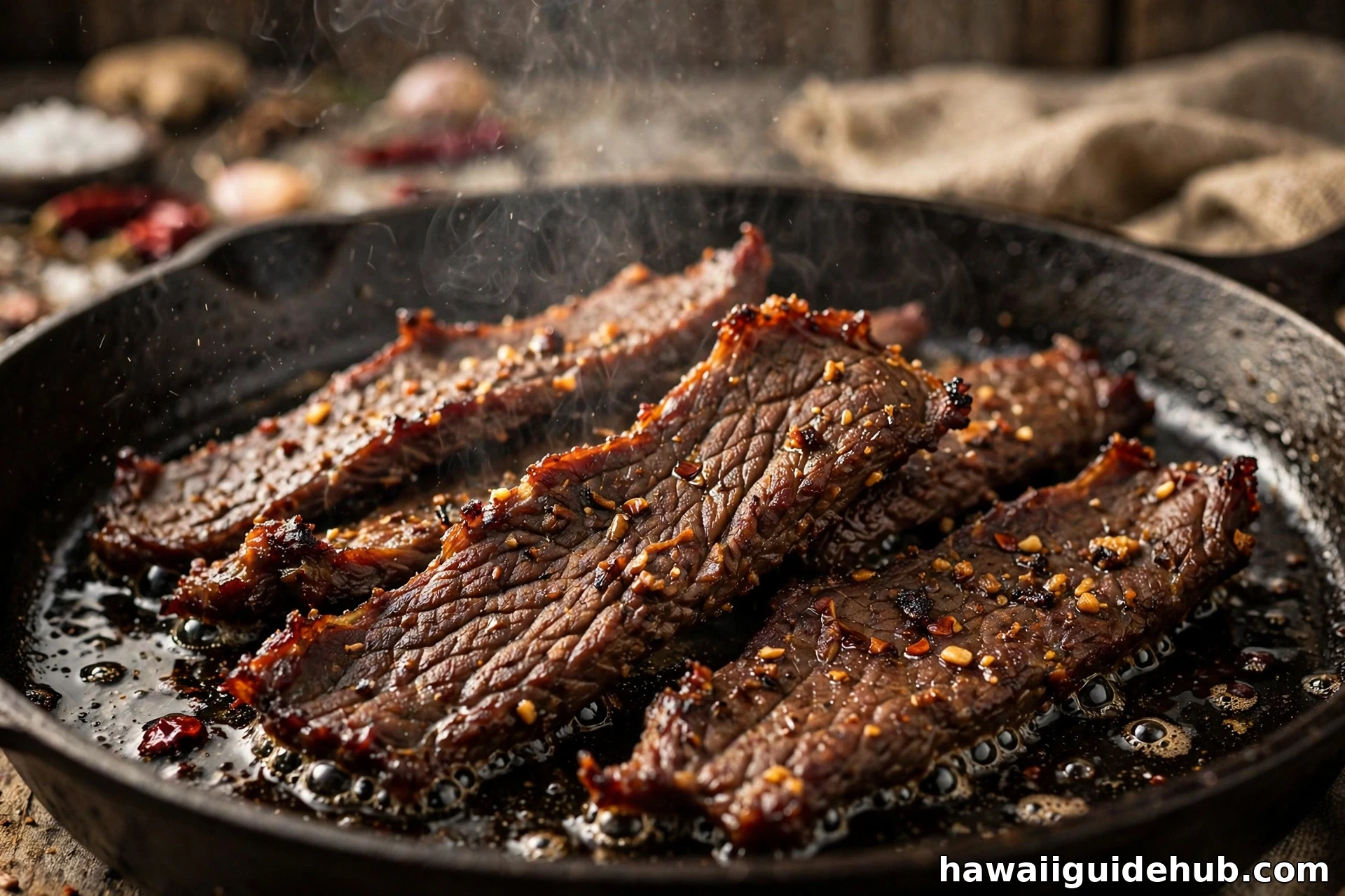 Strips of pipikaula sizzling in a cast iron skillet, edges crisping and caramelizing