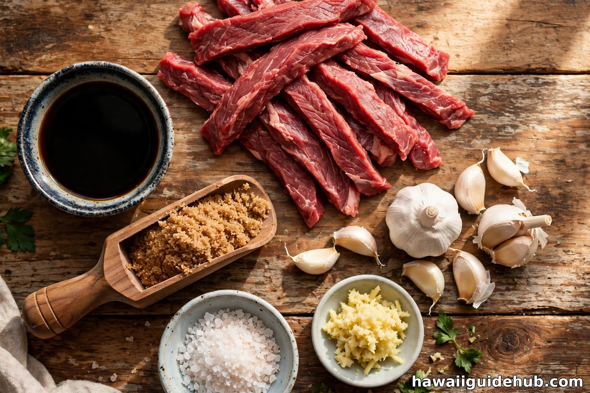 Ingredients for pipikaula laid out on a wooden table: flank steak strips, shoyu, brown sugar, garlic, ginger, and Hawaiian sea salt