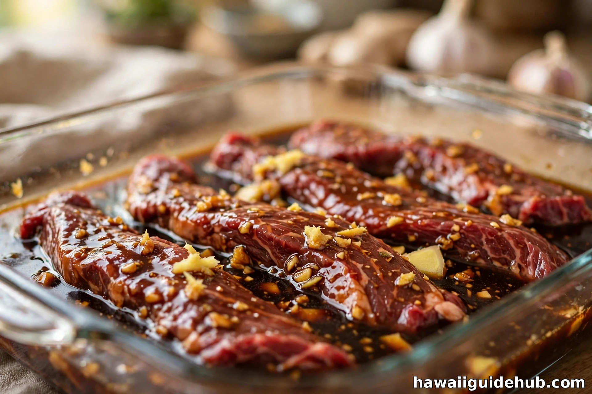 Raw beef strips marinating in a dark shoyu, garlic, and ginger marinade in a glass dish