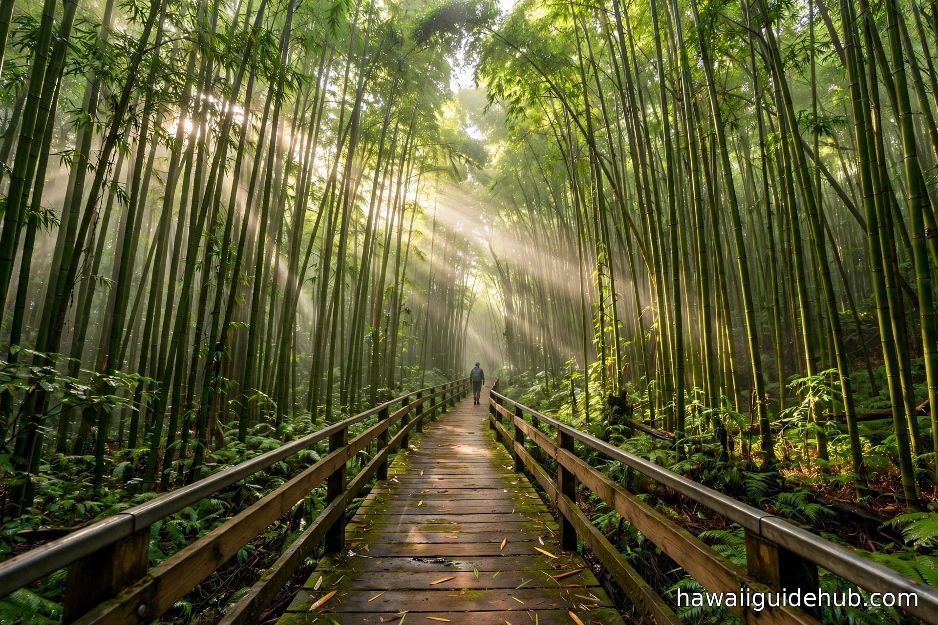 Wooden boardwalk trail winding through a towering bamboo forest on the Pipiwai Trail in Haleakala National Park, Maui