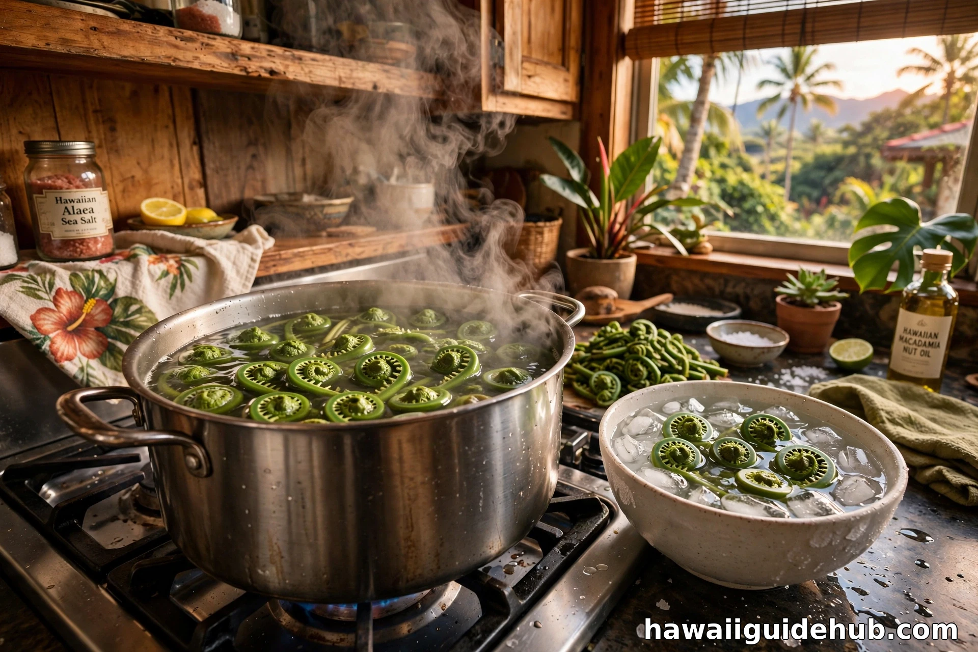 Pohole fern shoots blanching in a pot of boiling water with an ice bath alongside in a Hawaiian kitchen