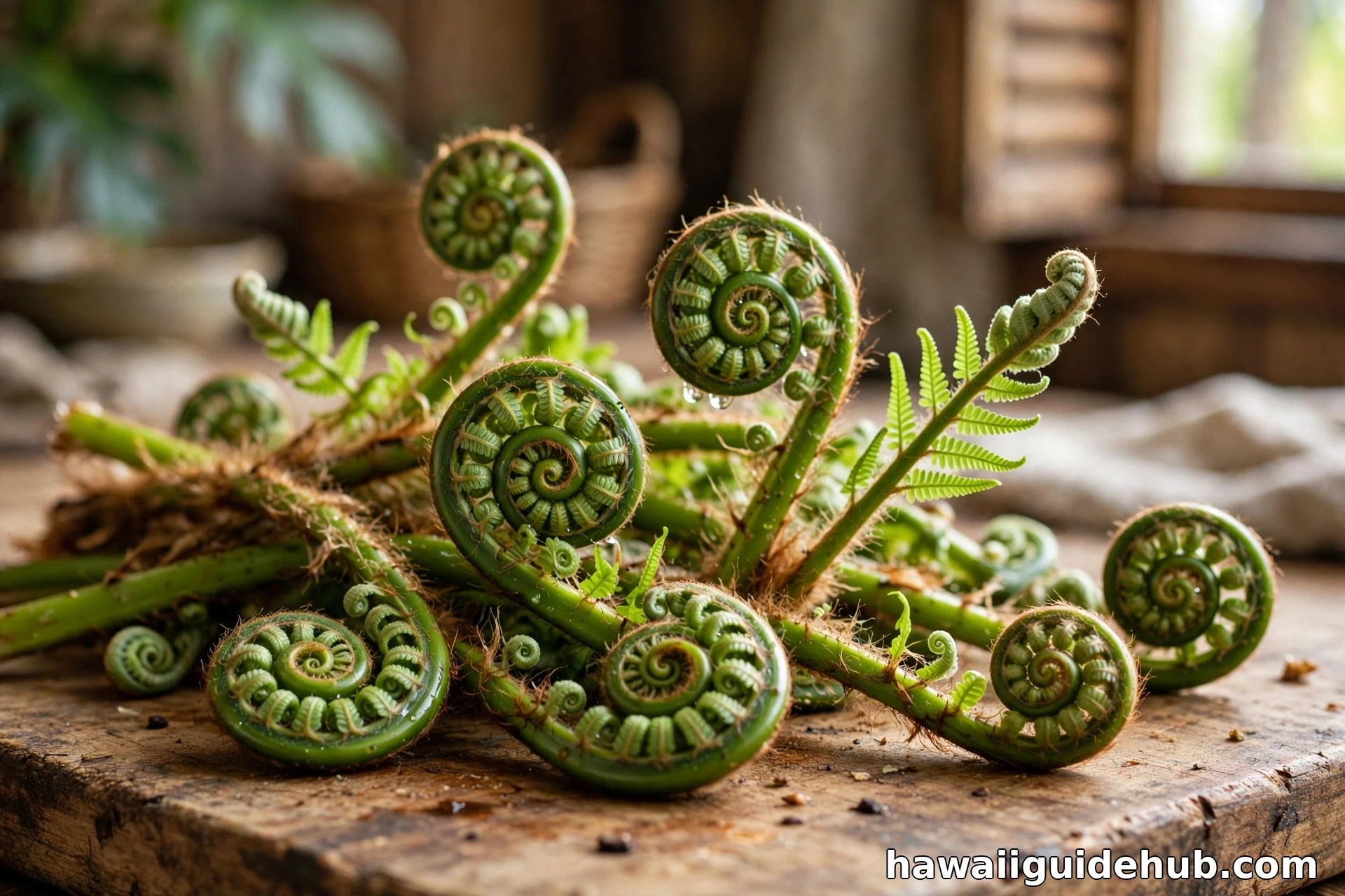 Fresh raw pohole fern shoots, tightly coiled Hawaiian fiddleheads on a wooden board