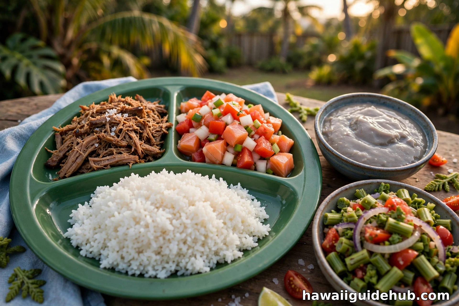 Hawaiian plate lunch with kalua pig, lomi lomi salmon, poi, rice, and pohole salad