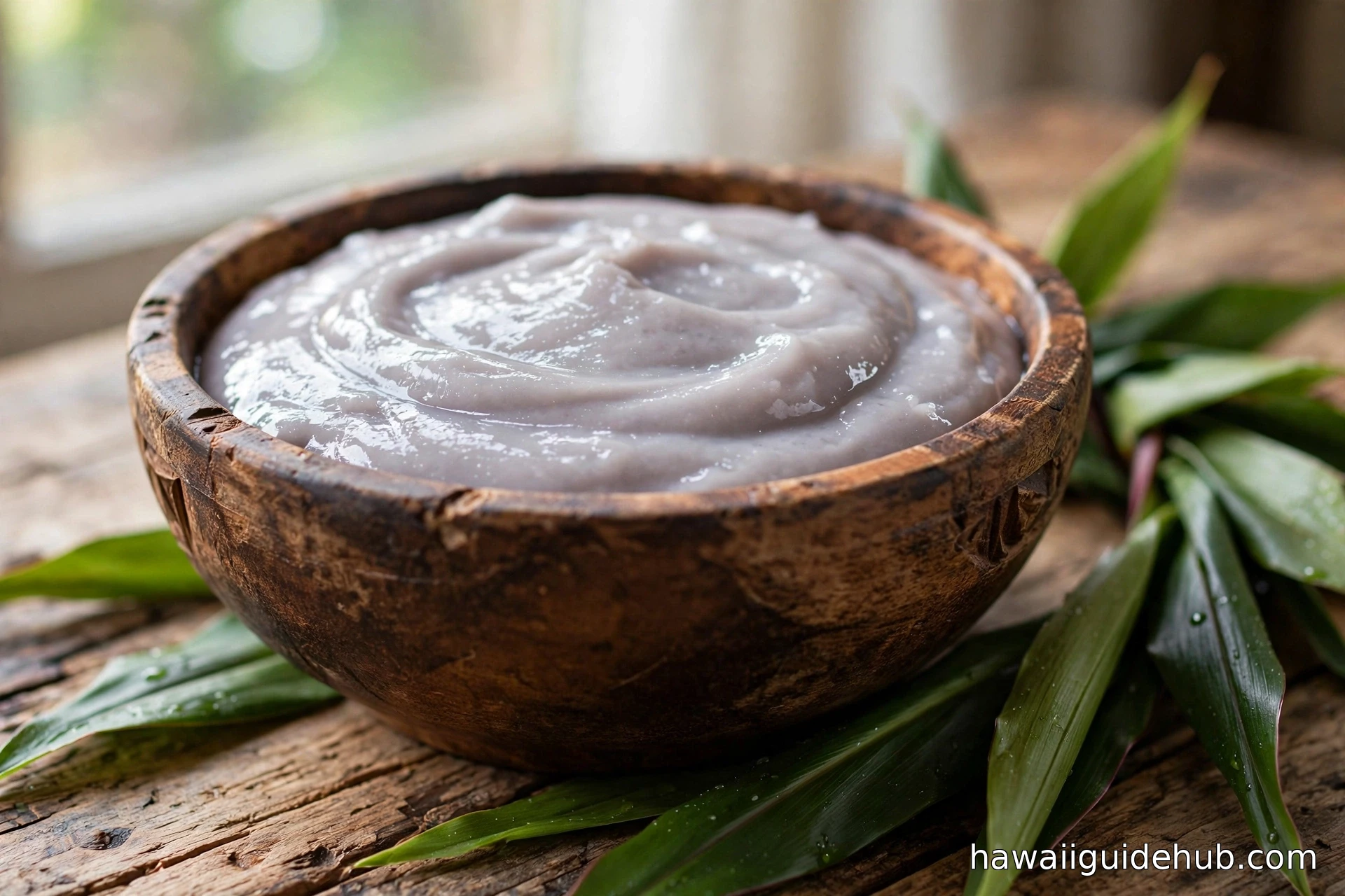 Traditional wooden umeke bowl filled with smooth fresh Hawaiian poi on a rustic table with ti leaves