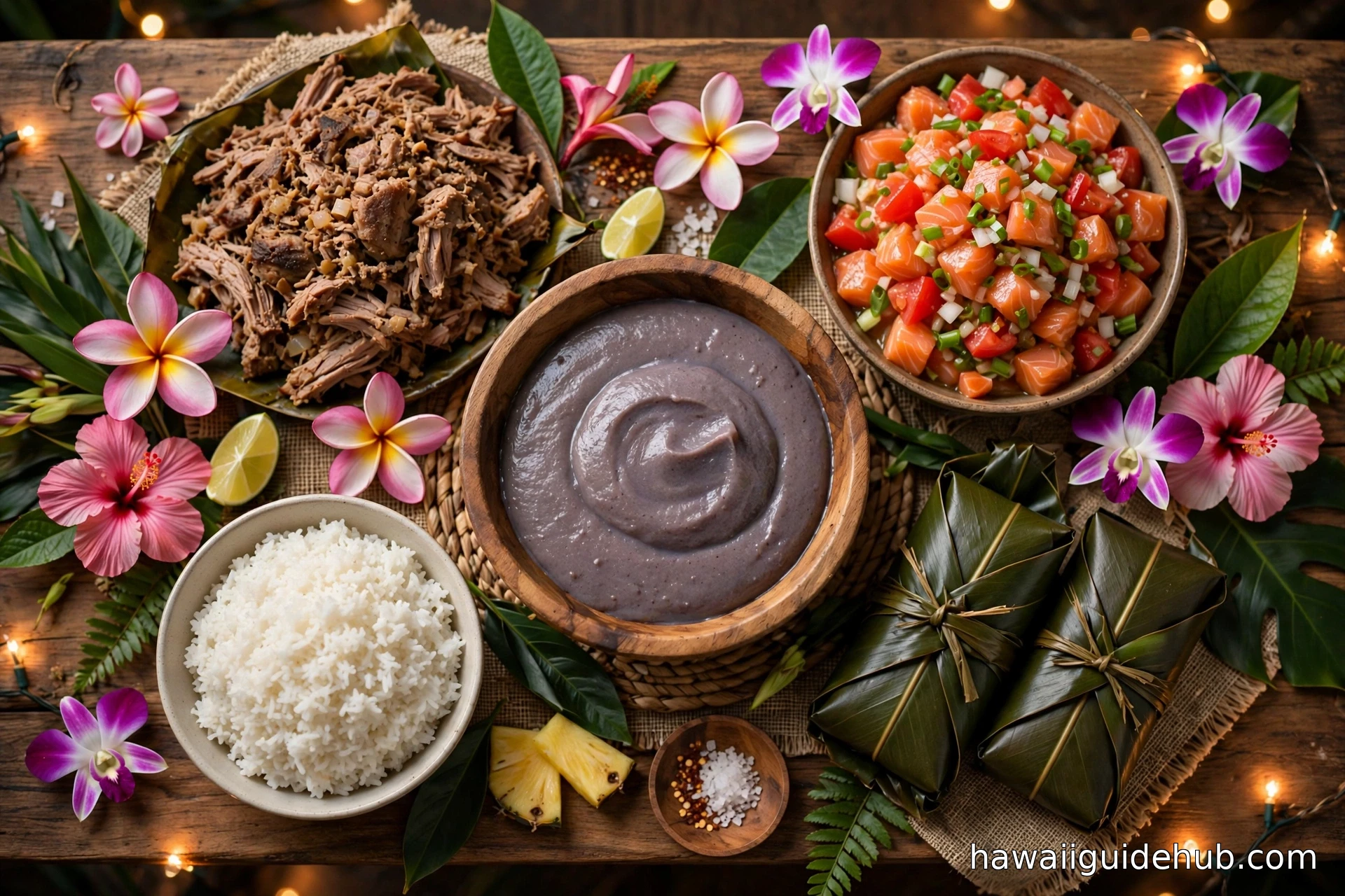 Hawaiian luau spread with poi in a wooden bowl surrounded by kalua pork, lomi salmon, lau lau, and rice