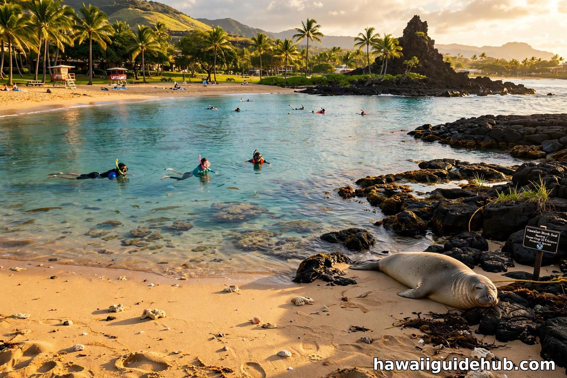Snorkelers and a resting Hawaiian monk seal at Poipu Beach Park