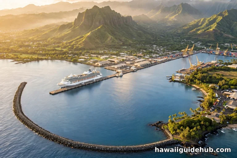 Aerial view of Hilo Harbor at sunrise with a cruise ship docked at the pier, the breakwater curving across Hilo Bay, and green mountains behind