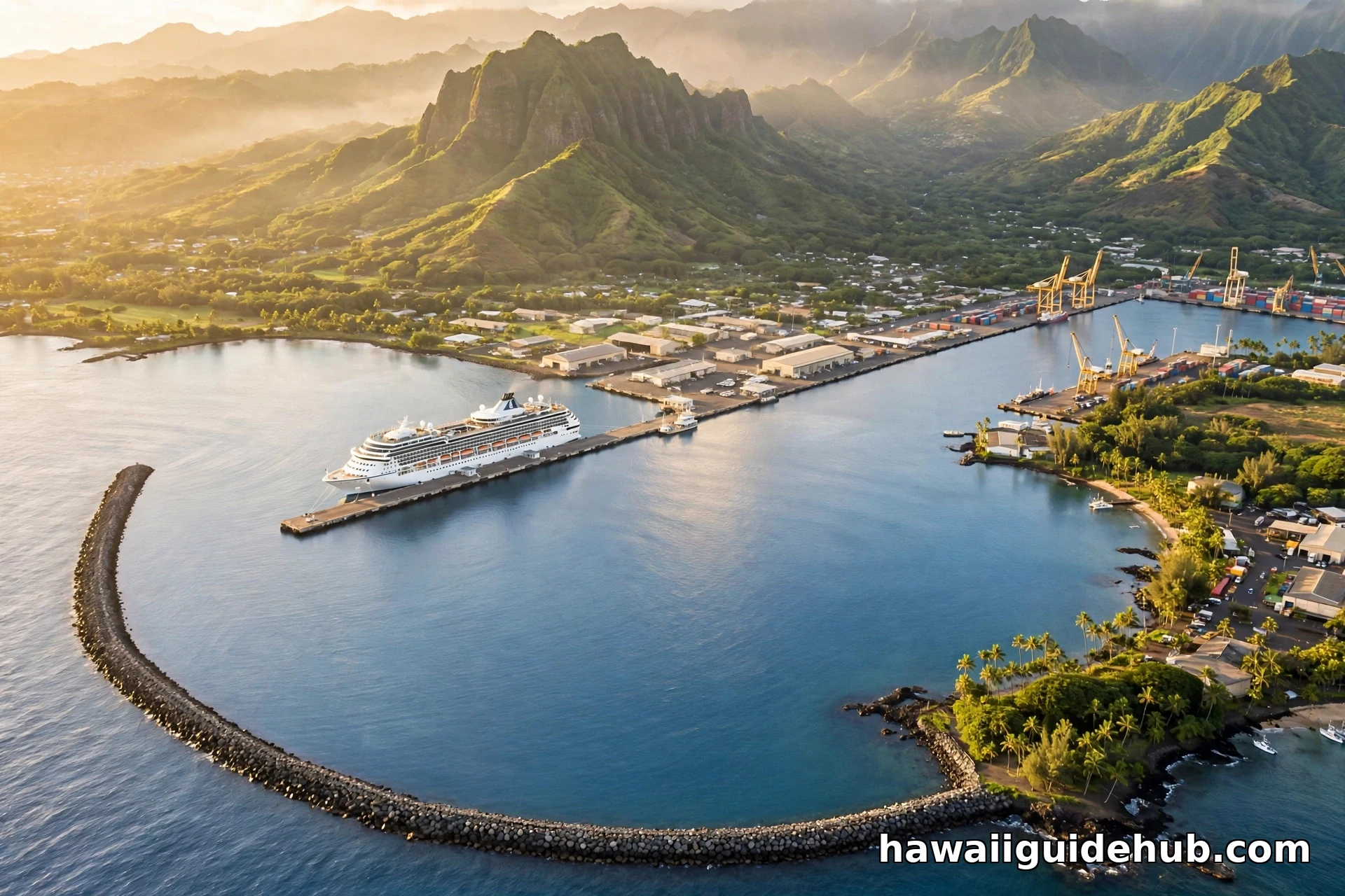 Aerial view of Hilo Harbor at sunrise with a cruise ship docked at the pier, the breakwater curving across Hilo Bay, and green mountains behind