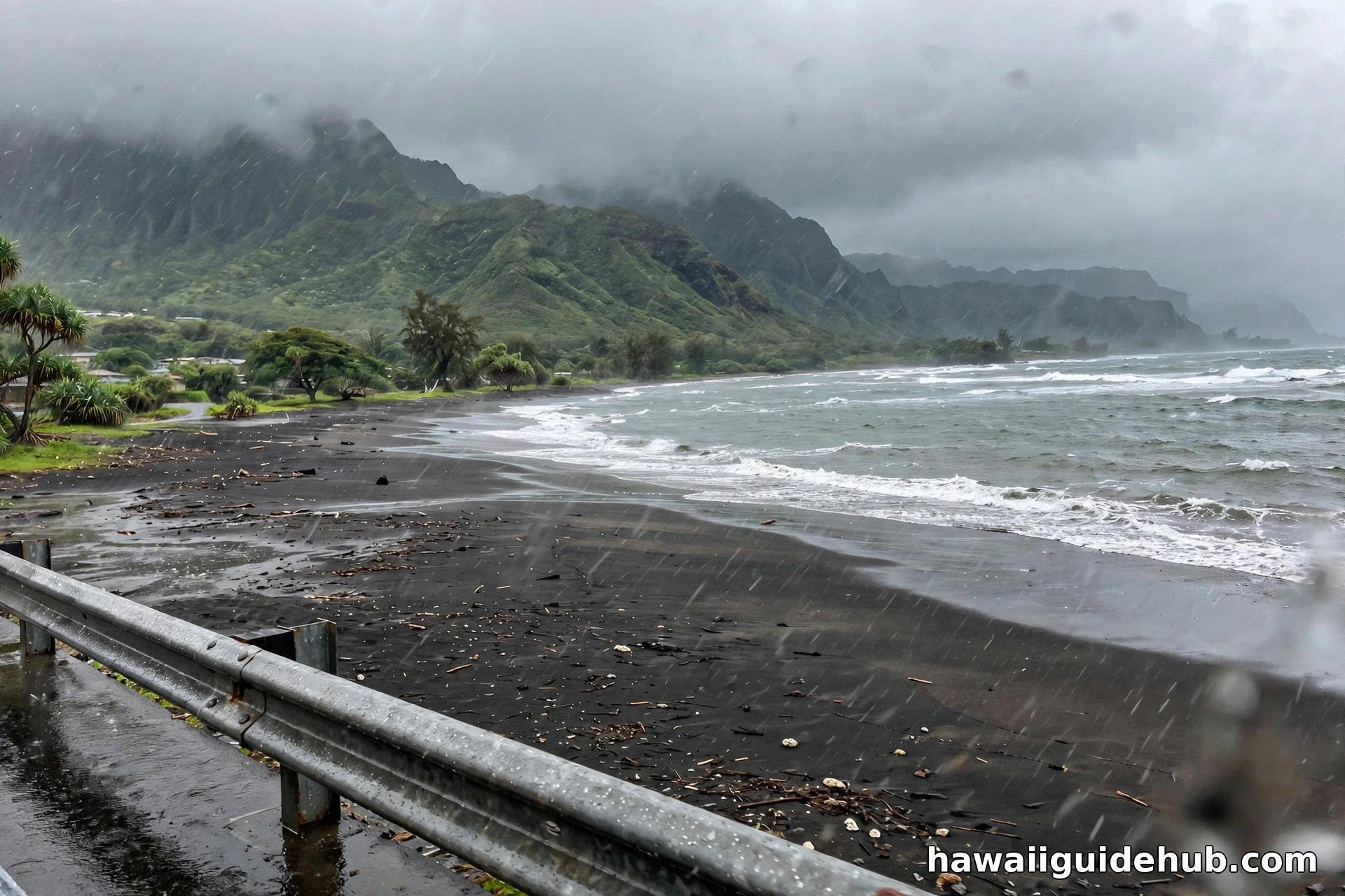 Lush waterfalls and rain mist on Hawaii’s windward coast in January, with green cliffs meeting the ocean