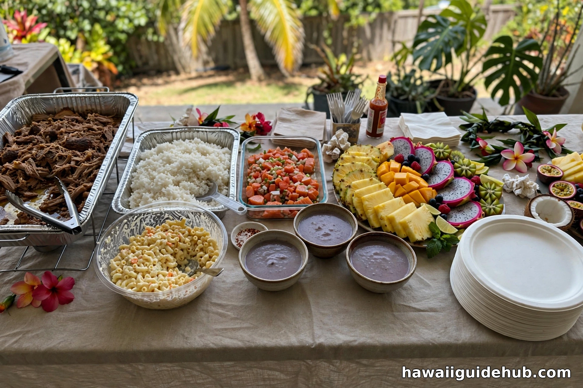 A Hawaiian Christmas luau feast at sunset on the beach with kalua pig, tropical fruits, poinsettias, and guests in aloha wear under palm trees with lights
