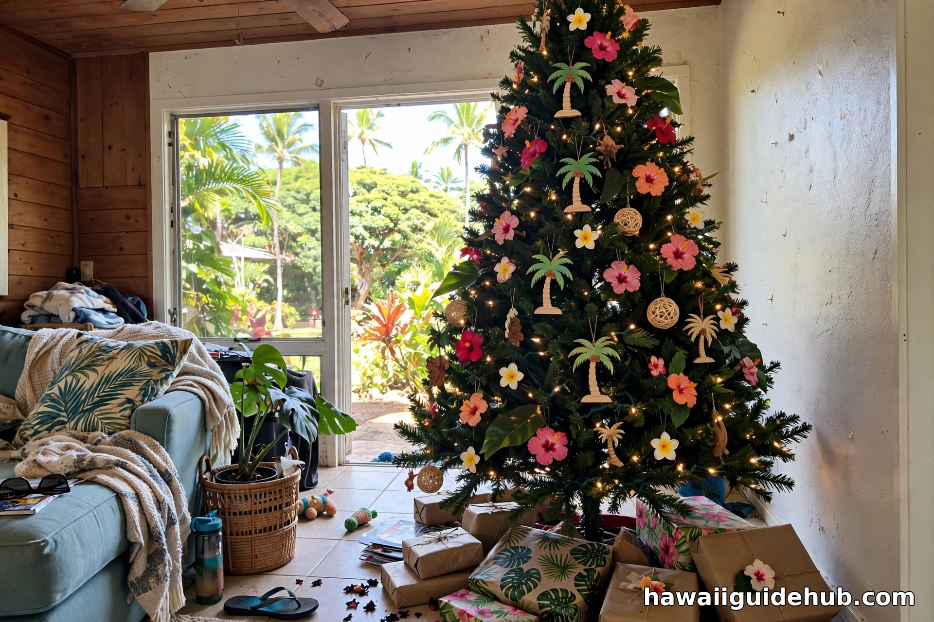 A Christmas tree decorated with pink orchid leis, red hibiscus, and white plumeria flowers in a bright Hawaiian home with lanai doors open to palm trees