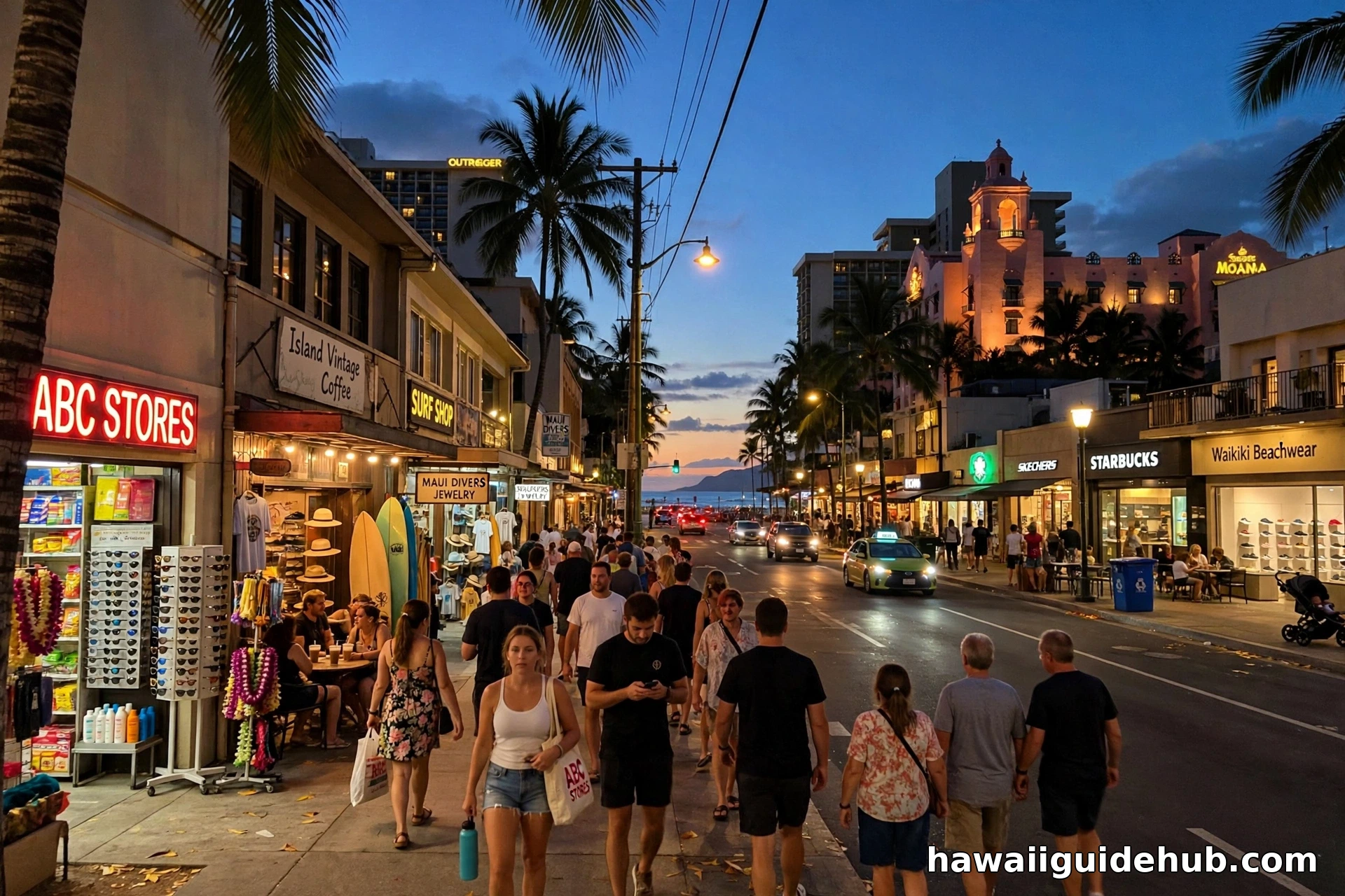 Evening crowds on Kalakaua Avenue in Waikiki