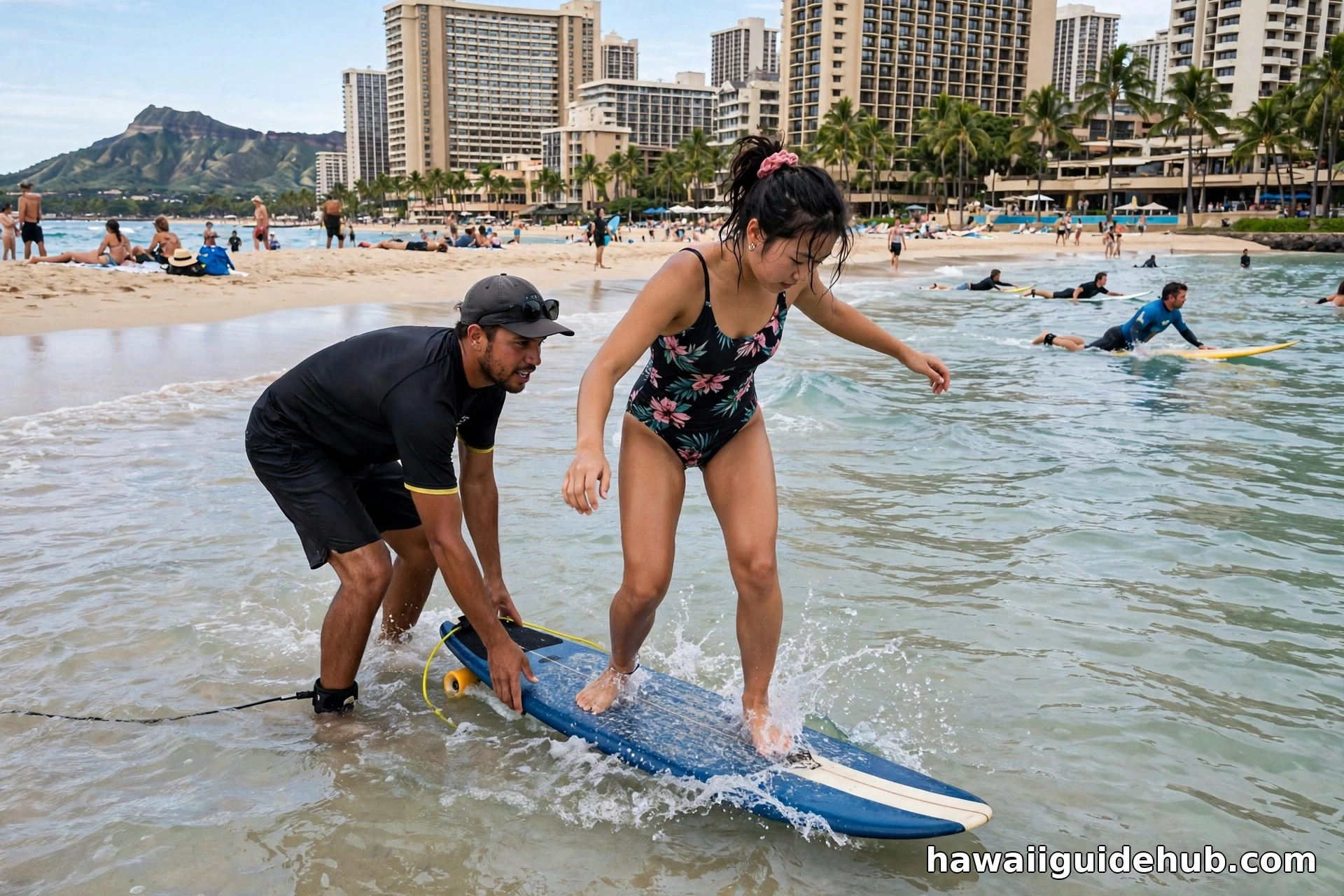 Surf instructor helping a beginner stand on a longboard at Waikiki Beach