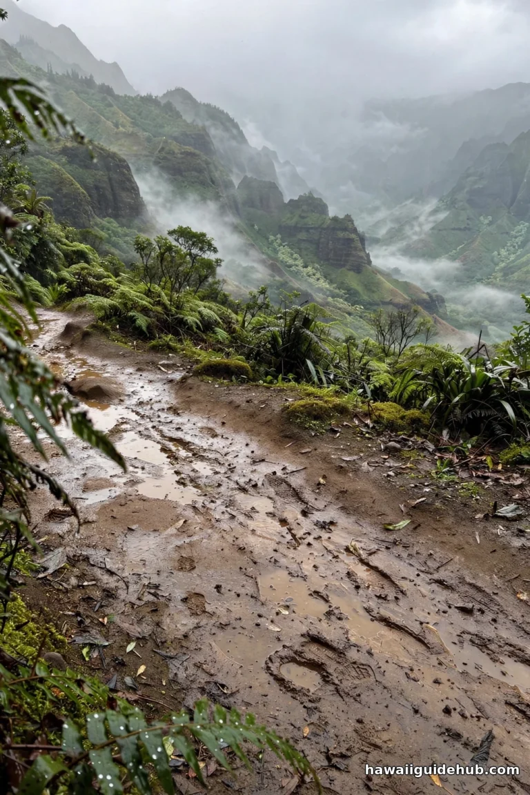 Muddy Na Pali Coast hiking trail on an overcast day on Kauai with misty green ridges
