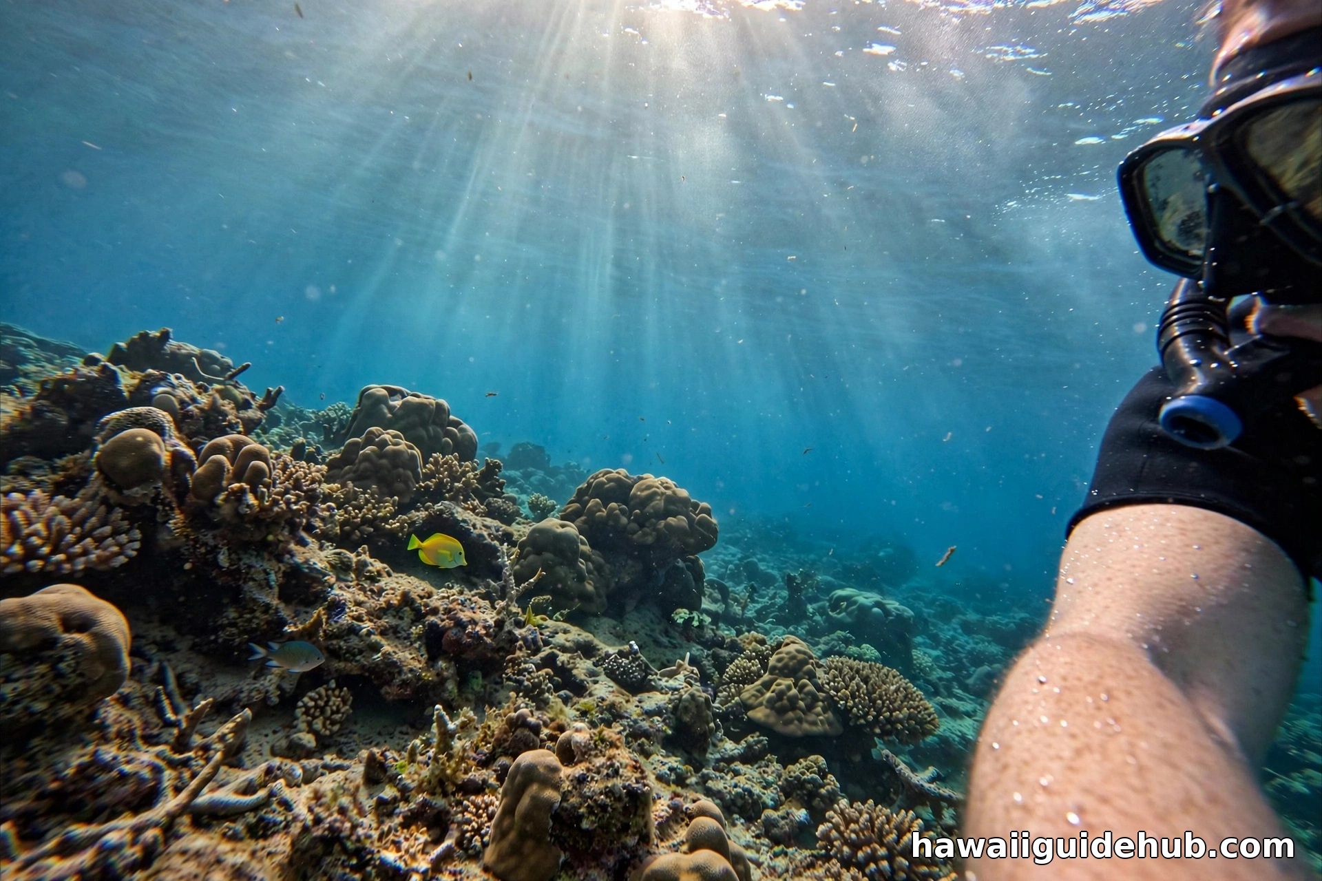 Snorkeler over a coral reef with yellow tangs and a sea turtle at Ironwood Beach, Maui