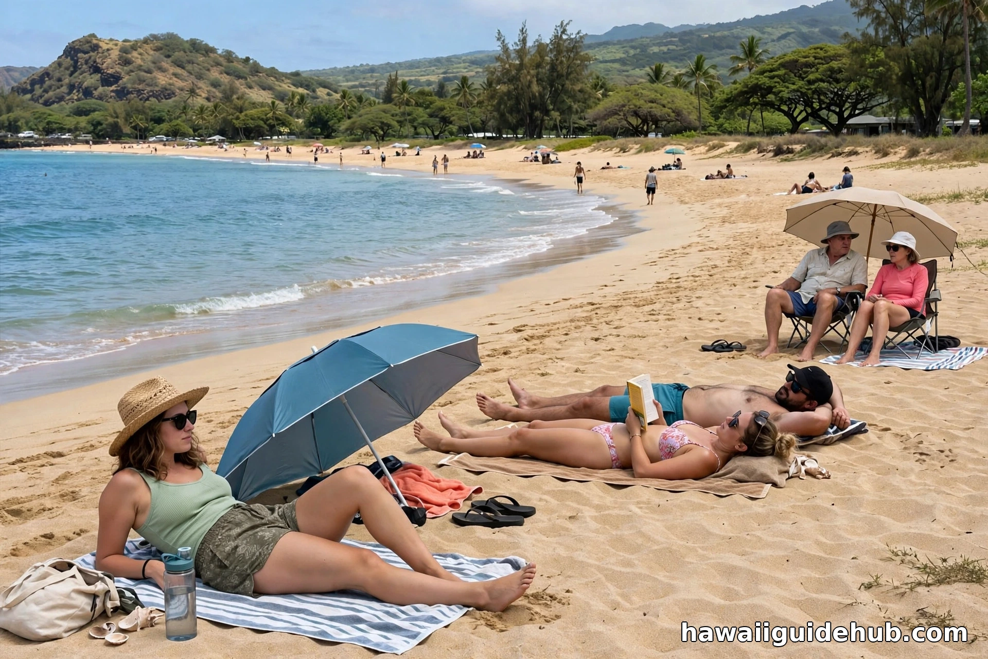 Wide stretch of golden sand at Big Beach, Makena, with distant beachgoers and Pu'u Olai