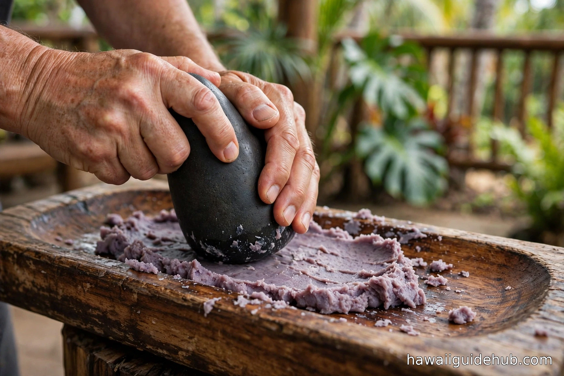 Hands pounding steamed taro with a basalt stone pestle on a traditional Hawaiian wooden poi board