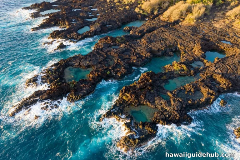 Aerial view of Puako Beach lava coastline with tide pools on the Kohala Coast, Big Island