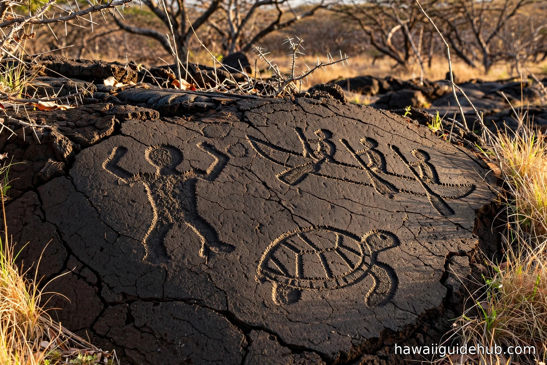 Ancient Hawaiian petroglyphs carved into lava rock at the Puako Petroglyph Archaeological Preserve
