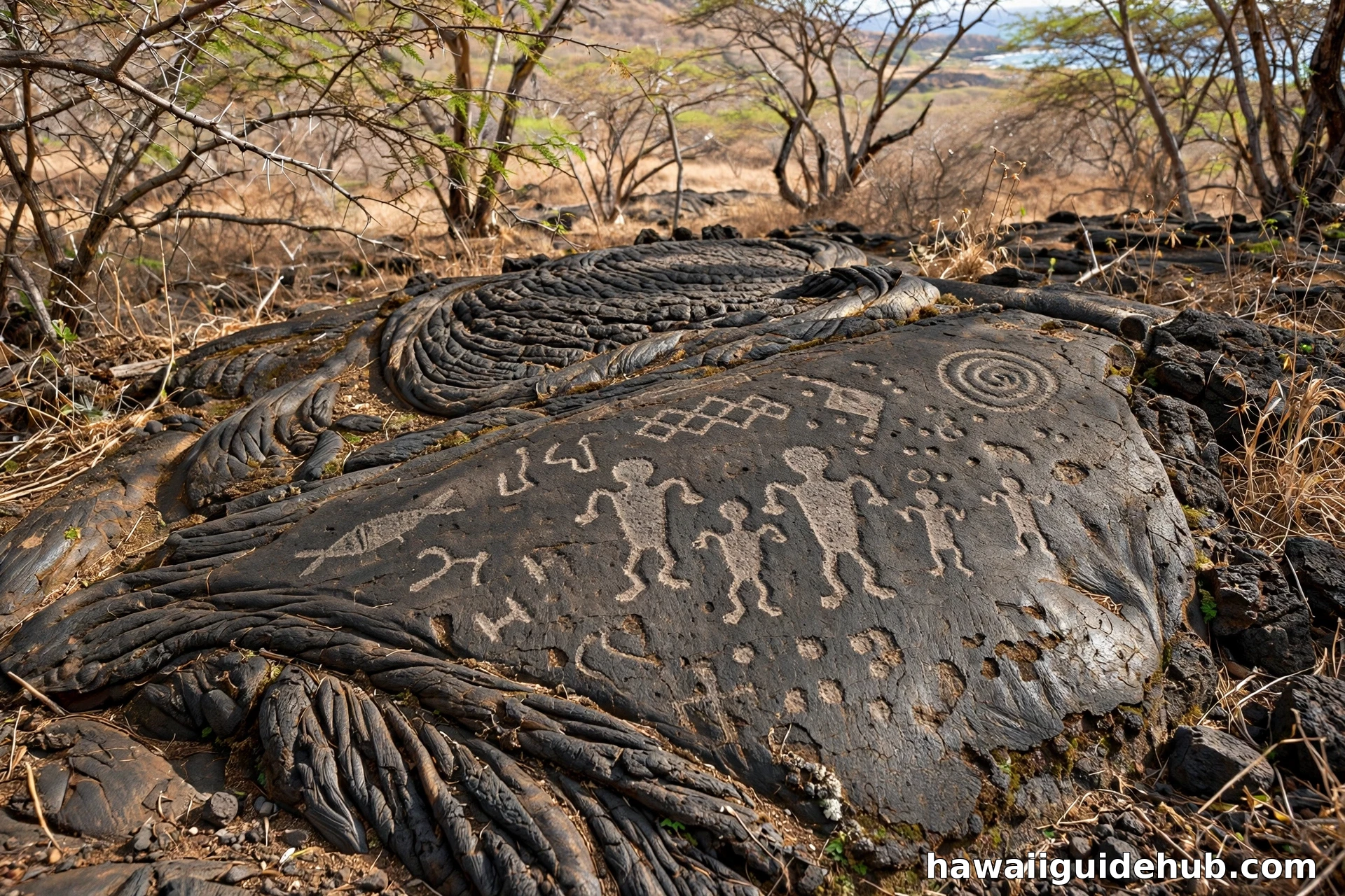 Ancient Hawaiian petroglyphs of human figures and symbols carved into dark pahoehoe lava rock on the Puako Petroglyph Trail, Big Island