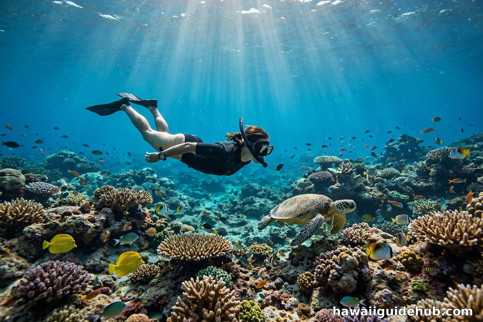 Snorkeler swimming over a vibrant coral reef with a green sea turtle and colorful reef fish off the Kohala Coast, Big Island