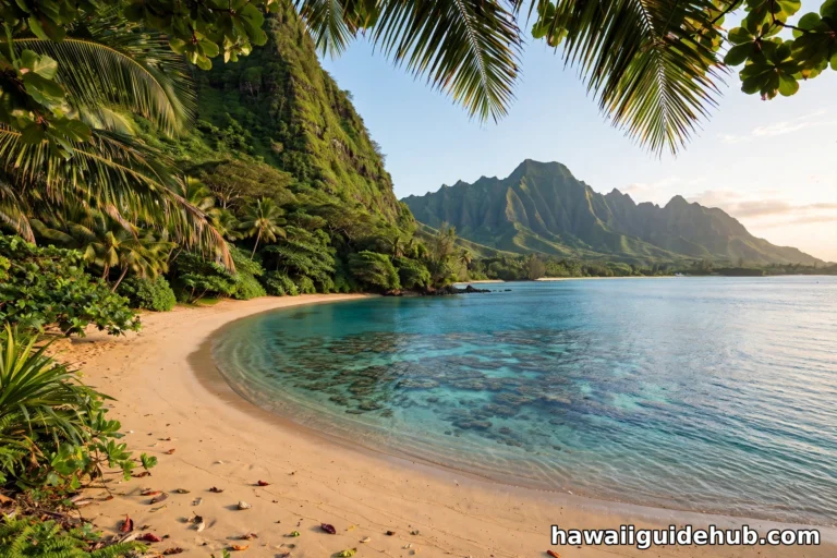 Puʻu Poa Beach in Princeville, Kauai with turquoise water and the Makana Bali Hai ridgeline across Hanalei Bay