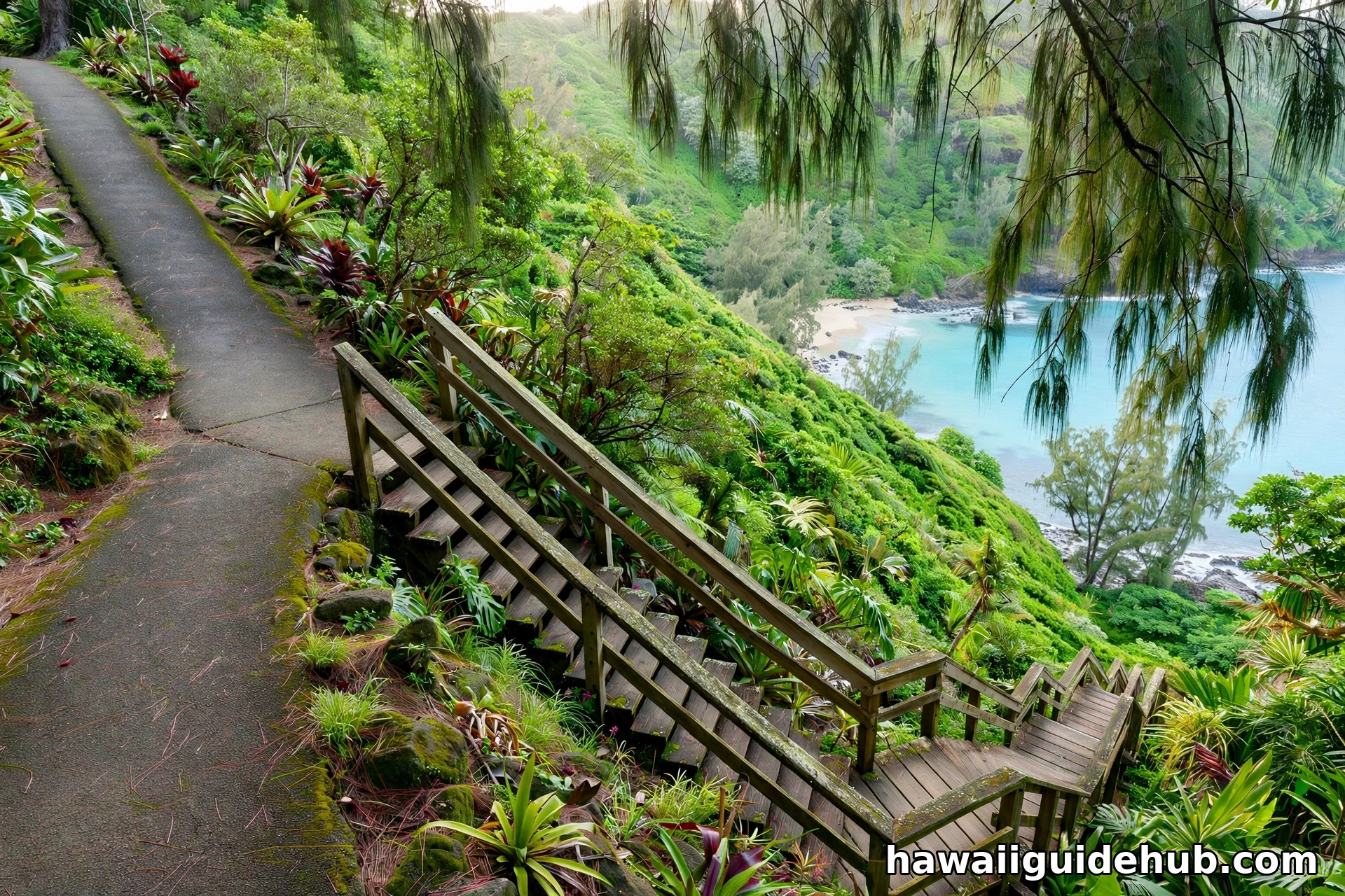 Paved path and wooden stairs descending the green bluff toward Puʻu Poa Beach, Kauai